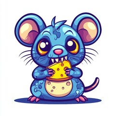 A cute blue cartoon mouse happily munching on a piece of cheese.