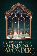 Victorian window with snowy winter wonderland scene for holiday decor