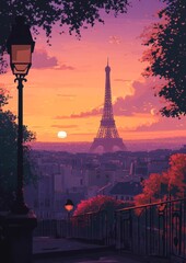 Parisian Sunset Vista Eiffel Tower and Cityscape at Dusk