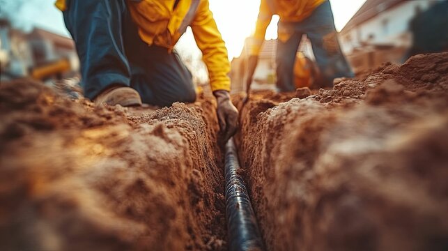 Workers installing underground pipe in trench