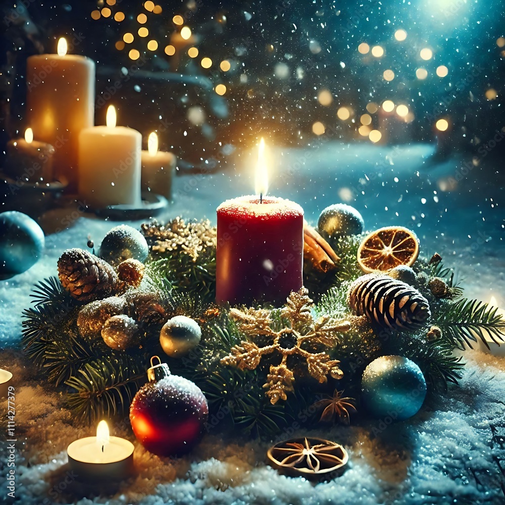 Wall mural Advent wreath with the first lit candle and Christmas decoration outdoors on a patio, snowy bokeh, copy space, Christmas ornaments, holiday decor, banner created with generative ai