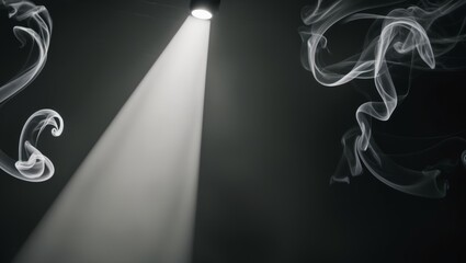 Dramatic Spotlight Beam Illuminating a Dark Space with Soft Smoke Creating an Atmosphere of Mystery and Intrigue in a Theatrical Setting.