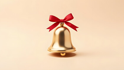 Golden Jingle Bell with Red Ribbon on Plain Background