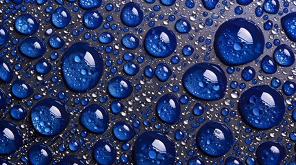 Bright blue droplets of water glisten on a dark surface, creating a visually striking contrast that can be used for themes of freshness, hydration, and purity in advertisements or editorial design,