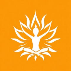White yoga figure in lotus pose within stylized flame/lotus flower on orange background.