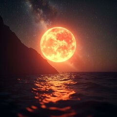 orange moon over sea