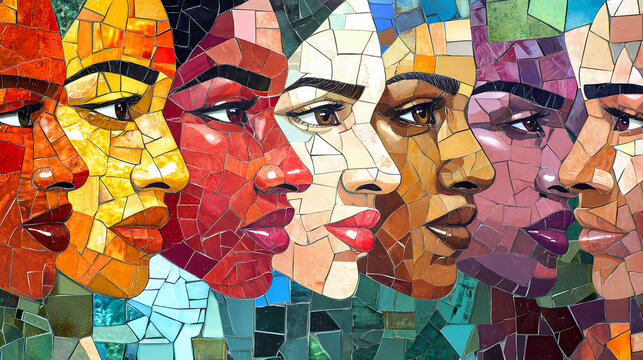 A colorful mosaic portrait featuring faces from different races and backgrounds coming together. Mosaic. Illustration