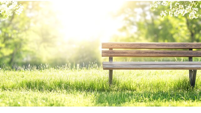 Serene park bench in sunlit meadow.