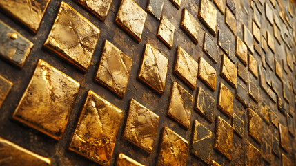 A detailed investigation of a wall constructed with intricate gold mosaic tiles. Mosaic. Illustration