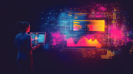 Futuristic Digital Data Visualization with Female Analyst Using Tablet for Analysis of Colorful Graphs and Charts with Abstract Tech Background