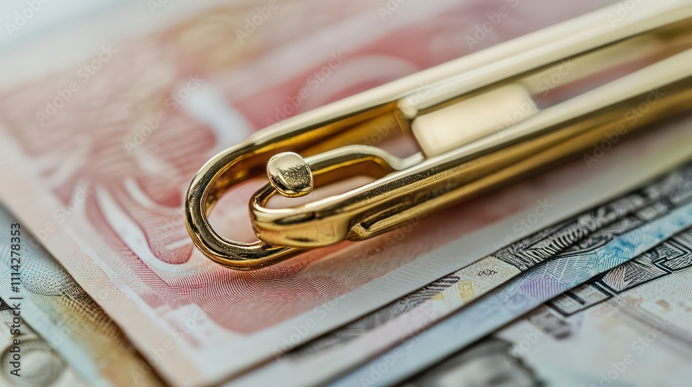 Aufkleber Close-up of a gold-colored clasp resting on a stack of banknotes from different countries.