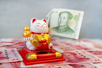 Lucky cat or maneki neko and lot of Chinese paper yuan. The concept of success and wealth. Symbol...