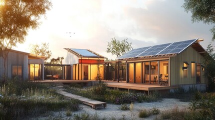 Sustainable modern homes with solar panels at sunset.