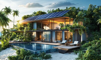 Modern villa with a solar panel rooftop and private swimming pool, combining sustainable energy efficiency with luxurious living in a tranquil natural setting.