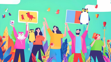 A colorful illustration of people holding signs and animals, celebrating nature and community.