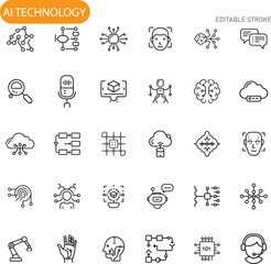AI Technology Icons Machine Learning, Data, Network, Cloud Computing, Robotics