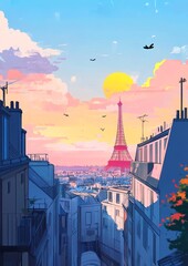 Parisian Sunset Vista A Charming Cityscape View from Above