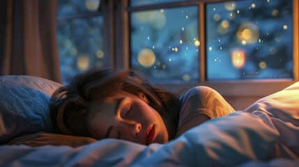 Peaceful Sleep by a Winter Window with Snow Falling