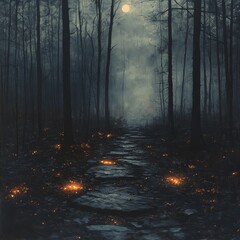 Fototapeta premium Eerie Glow in the Forest Surrounded by Misty Trees and Mysterious Shadows for a Hauntingly Beautiful Atmosphere in Nature Photography