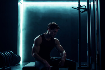 Man in black tank top resting on bench in black-themed gym