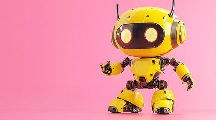 Cute Yellow Robot with Glowing LED Eyes Pointing Downward and Smiling, Gradient Soft Pink Background for Fun AI and Tech Ads