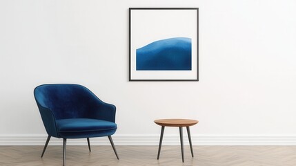 Cozy living room with blue chair and artwork on white wall