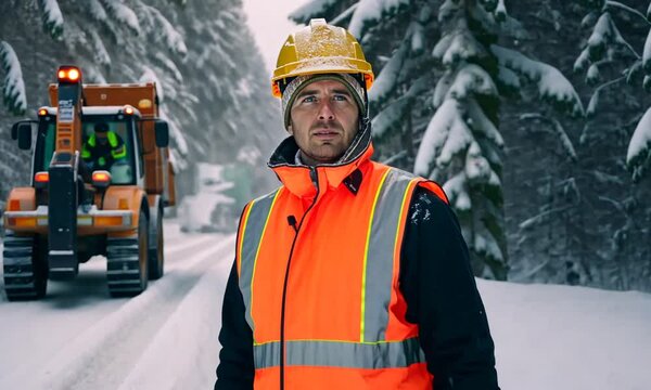 Road Worker on Winter Road with Equipment During Snowfall