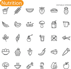 Healthy Eating Nutrition Icons Food, Fruits, Vegetables, and Drinks