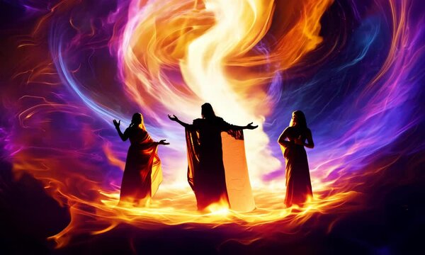 Shadrach, Meshach, and Abednego in the fiery furnace, depicted within a swirling nebula, highlighting their faith amidst trials