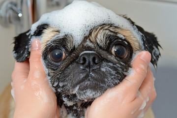 Owner giving her Pug a bath, with shampoo and care keeping