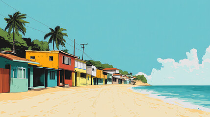 Obraz premium Colorful Beach Houses Line Serene Shoreline Under Clear Blue Sky with Palm Trees and Tranquil Waves in Vibrant Coastal Scene