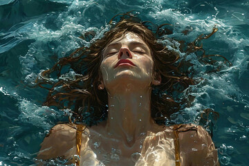 a woman with her eyes closed, floating on her back in the water. Her face and part of her neck are illuminated by sunlight,
