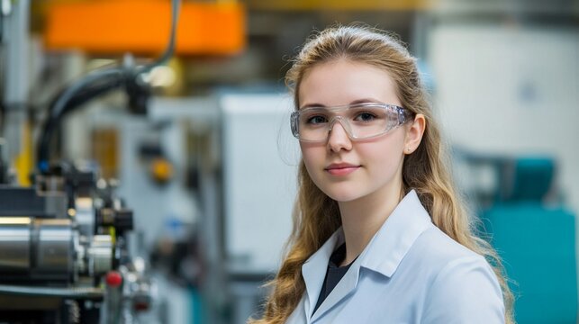 Young female scientist or engineer wearing safety glasses and white lab coat working in modern technical laboratory with precision equipment and machinery