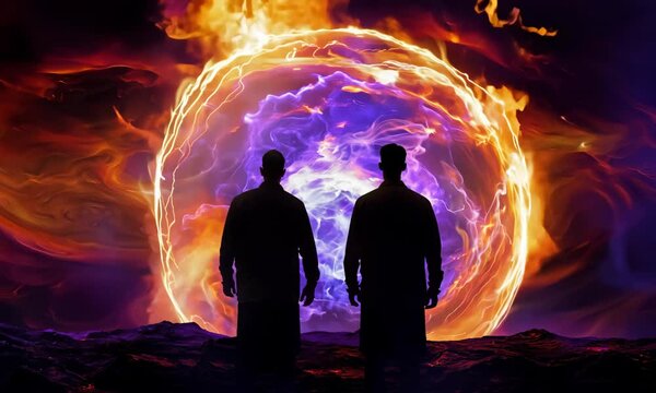 Shadrach, Meshach, and Abednego in the fiery furnace, depicted within a swirling nebula, highlighting their faith amidst trials