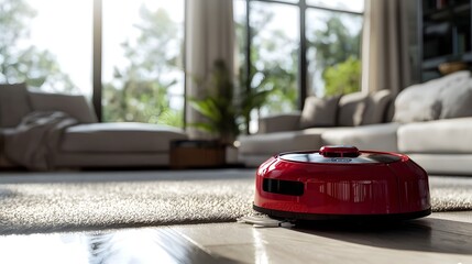 Deep Red Robot Vacuuming the Living Room, Combining Cleanliness with Advanced Robotics
