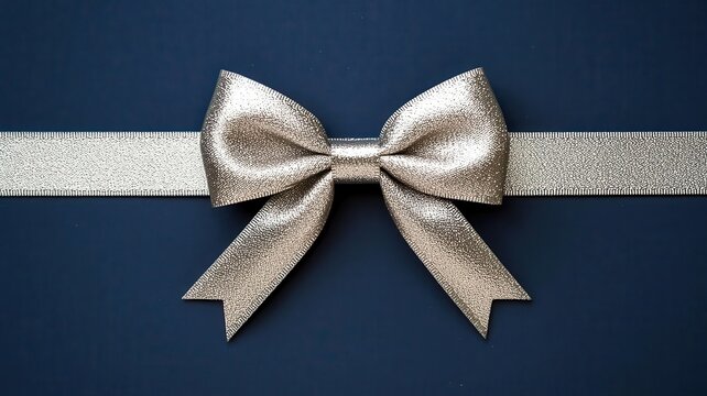 A golden bow tied on a shimmering ribbon against a dark blue background, perfect for gift wrapping and festive decorations.