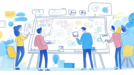 Collaborative team brainstorming session modern office digital whiteboard creative workspace engaging interaction for innovative ideas