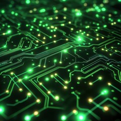 Obraz premium A close-up of a green circuit board with illuminated paths, perfect for technology-related projects, digital art, or to convey innovation in various media