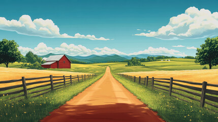 Serene Rural Landscape with a Dirt Path Leading Towards a Red Barn Surrounded by Lush Green Fields and Majestic Mountains Under a Blue Sky