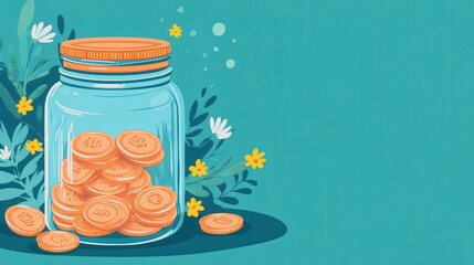 Glass jar filled with coins surrounded by colorful flowers and greenery on a bright turquoise background, symbolizing savings and financial goals