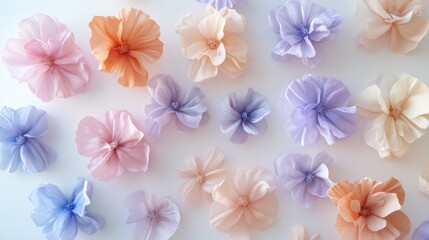 Pastel paper flowers arranged on white background.