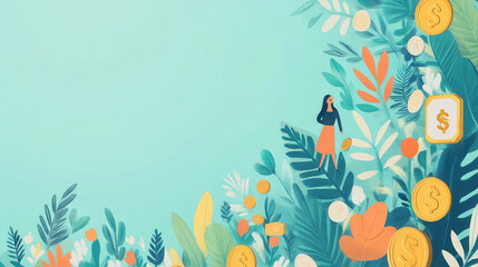 Fototapeta premium Vibrant Illustration of a Woman Surrounded by Lush Foliage and Coins Representing Wealth and Prosperity in a Modern Style