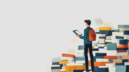Person with backpack standing in front of large stack of books while holding tablet, illustrating modern education, technology, and learning concepts in vibrant colors