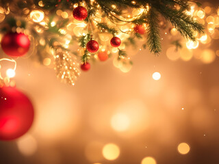 Fototapeta premium 부드럽고 흐릿한 황금빛 보케 배경에 반짝이는 크리스마스 조명이 있습니다. 전면에는 섬세한 빨간색, 녹색, 금색 장식이 보이지 않는 끈에 부드럽게 매달려 있으며, 이미지 전체에 은은한 눈송이가 몇 개 떠 있습니다.