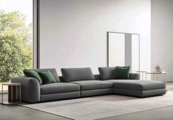 Fototapeta premium Modern Grey Sectional Sofa in a Luxurious Living Room