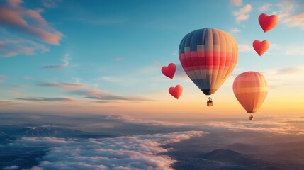 Obraz premium Scenic hot air balloon ride at sunrise with hearts in the sky
