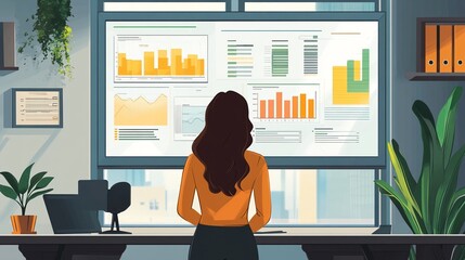 Business professional analyzing complex data on a large office screen, highlighting statistical charts and graphs, surrounded by modern technology and office plants.
