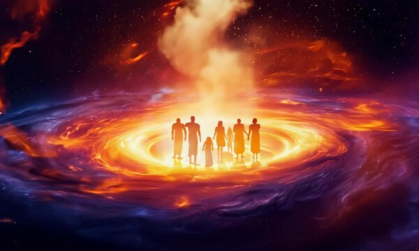 Shadrach, Meshach, and Abednego in the fiery furnace, depicted within a swirling nebula, highlighting their faith amidst trials