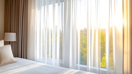 Sunlight streams through sheer curtains in a modern bedroom, illuminating a bed and a view of green trees.