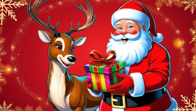 Cartoon of santa claus with gift and raindeer on christmas red background